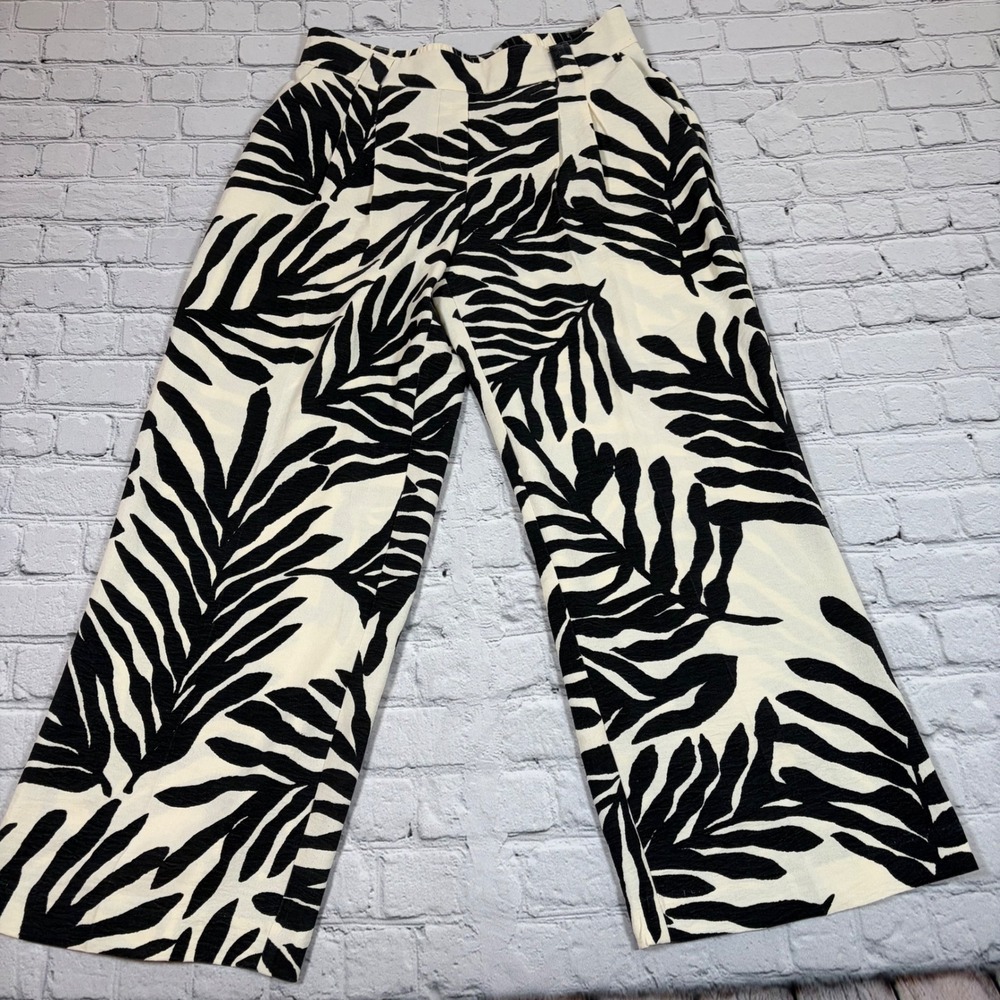 Rachel Zoe Black White Palm Leaf Print Wide Leg Cropped Pants CHU25598A Small